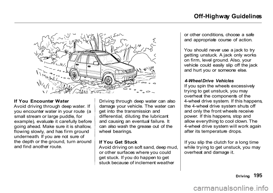 HONDA CR-V 2001 RD1-RD3 / 1.G Owners Manual Off-Highwa
y Guideline s

I f  Yo u  Encounte r  Wate r
Avoi d drivin g throug h  dee p water .  I f
yo u encounte r wate r i n  you r rout e  ( a
smal l strea m o r larg e puddle , fo r
example) ,  e