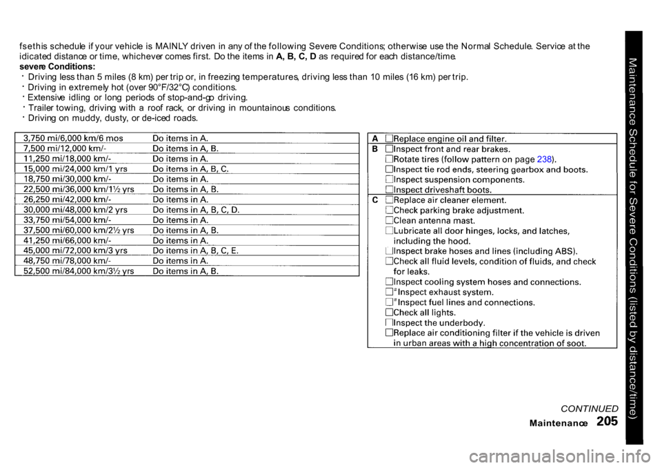 HONDA CR-V 2001 RD1-RD3 / 1.G Owners Manual fsethi
s schedul e i f you r vehicl e i s MAINL Y drive n i n an y o f th e followin g Sever e Conditions ; otherwis e us e th e Norma l Schedule . Servic e a t th e
idicate d distanc e o r time , w HONDA CR-V 2001 RD1-RD3 / 1.G Owners Manual fsethi
s schedul e i f you r vehicl e i s MAINL Y drive n i n an y o f th e followin g Sever e Conditions ; otherwis e us e th e Norma l Schedule . Servic e a t th e
idicate d distanc e o r time , w