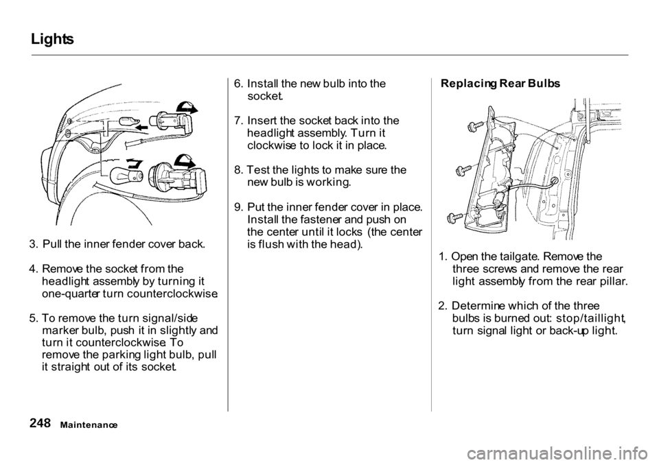 HONDA CR-V 2001 RD1-RD3 / 1.G Owners Manual Light
s
3 . Pul l th e inne r fende r cove r back .
4 . Remov e th e socke t fro m th e
headligh t assembl y b y turnin g it
one-quarte r tur n counterclockwise .
5 . T o remov e th e tur n signal/si HONDA CR-V 2001 RD1-RD3 / 1.G Owners Manual Light
s
3 . Pul l th e inne r fende r cove r back .
4 . Remov e th e socke t fro m th e
headligh t assembl y b y turnin g it
one-quarte r tur n counterclockwise .
5 . T o remov e th e tur n signal/si