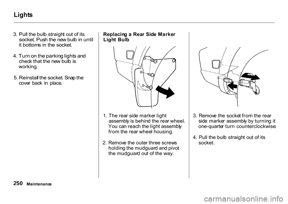 HONDA CR-V 2001 RD1-RD3 / 1.G Workshop Manual Light
s

3 . Pul l th e bul b straigh t ou t o f it s

socket . Pus h th e ne w bul b in  unti l

i t  bottom s i n  th e socket .

4 . Tur n o n th e parkin g light s an d

chec k tha t th e ne w bul