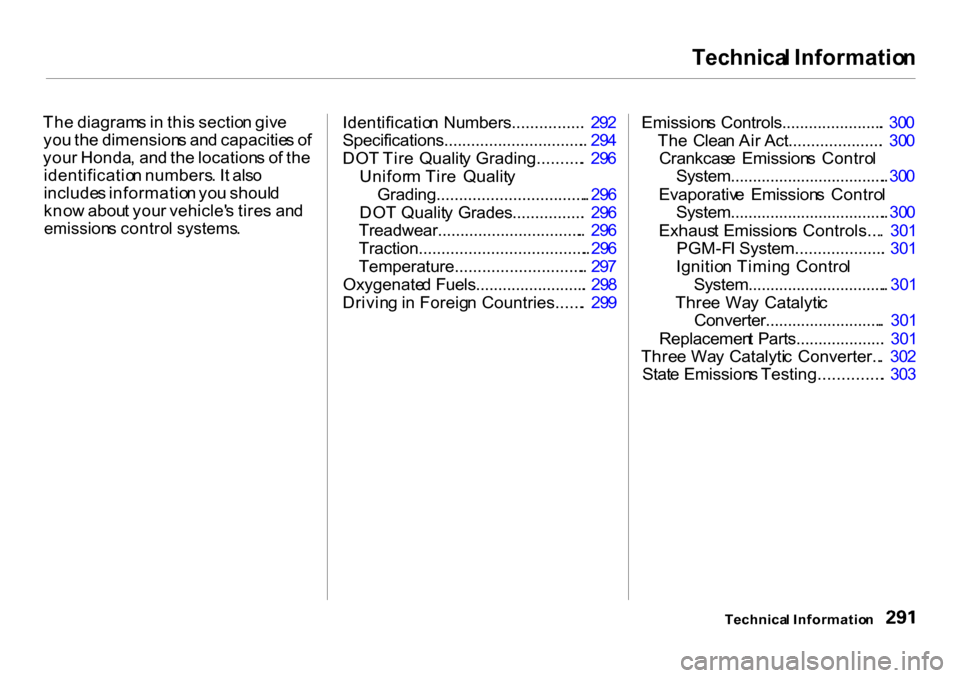 HONDA CR-V 2001 RD1-RD3 / 1.G Owners Manual Technica
l Informatio n

Th e diagram s in  thi s sectio n giv e
yo u th e dimension s an d capacitie s o f
you r Honda , an d th e location s o f th e
identificatio n numbers . I t als o
include s in