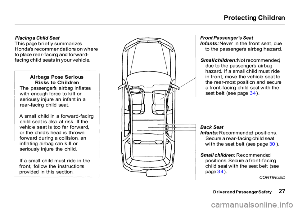 HONDA CR-V 2001 RD1-RD3 / 1.G Owners Guide Protectin
g Childre n

Placing  a Child   Seat

Thi s pag e briefl y summarize s
Honda s recommendation s o n wher e
t o  plac e rear-facin g an d forward -
facin g chil d seats  in  you r vehicle .

