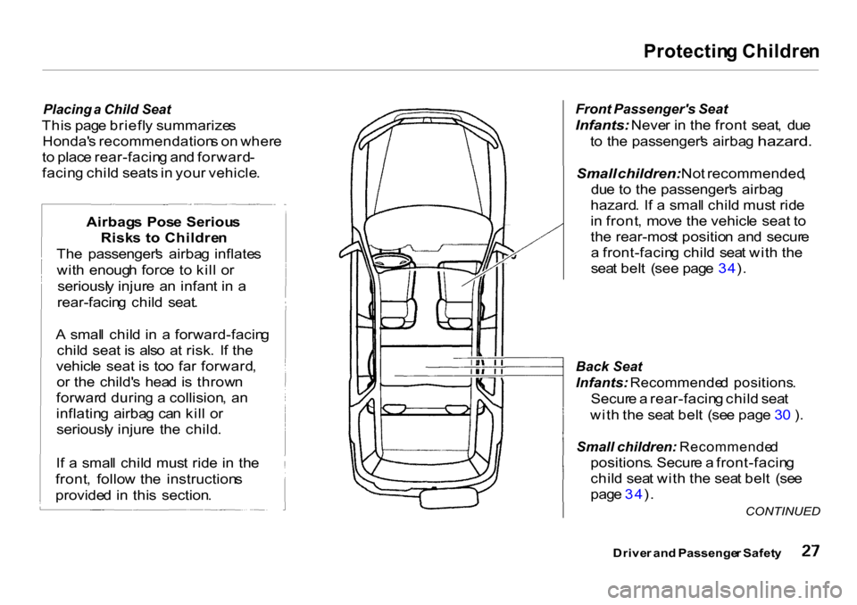 HONDA CR-V 2001 RD1-RD3 / 1.G Owners Manual Protectin
g Childre n

Placing  a Child   Seat

Thi s pag e briefl y summarize s
Honda s recommendation s o n wher e
t o  plac e rear-facin g an d forward -
facin g chil d seats  in  you r vehicle .
