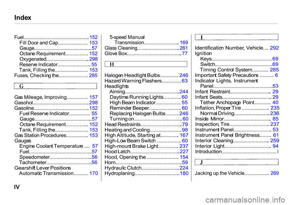 HONDA CR-V 2001 RD1-RD3 / 1.G Owners Manual Inde
x

Fuel................................................. .  152

Fil l Doo r an d Cap...................... .  153

Gauge........................................... . 57

Octan e Requirement.....
