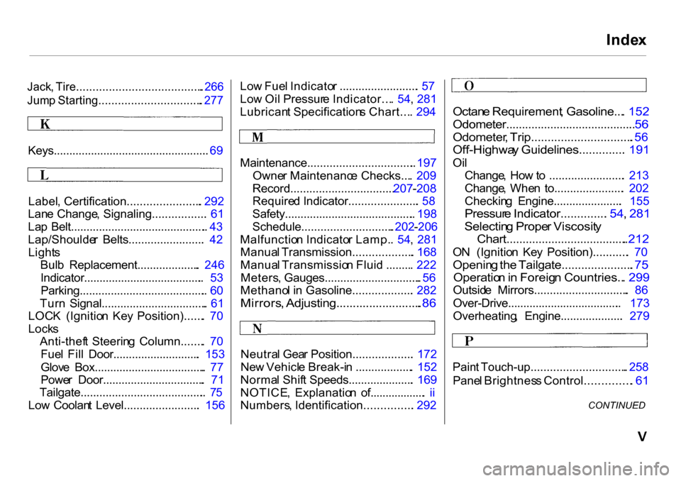 HONDA CR-V 2001 RD1-RD3 / 1.G Owners Manual 
Inde
x

Jack , Tire....................................... . 266

Jum p Starting................................ . 277

Keys.................................................. .  69
Label , Certificat