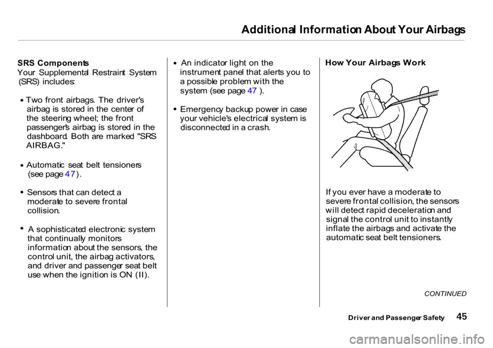 HONDA CR-V 2001 RD1-RD3 / 1.G Service Manual 
Additiona
l Informatio n Abou t You r Airbag s

SR S Component s

You r  Supplementa l  Restrain t  Syste m
(SRS )  includes :
Tw o fron t  airbags . Th e  driver s
airba g is store d in  th e  cent