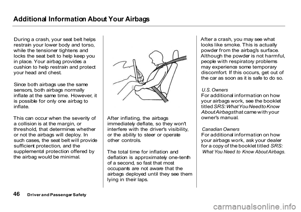 HONDA CR-V 2001 RD1-RD3 / 1.G Owners Manual
Additiona
l Informatio n Abou t You r Airbag s
Durin g a crash , you r sea t bel t help s
restrai n you r lowe r bod y an d torso ,
whil e th e tensione r tighten s an d
lock s the sea t bel t HONDA CR-V 2001 RD1-RD3 / 1.G Owners Manual
Additiona
l Informatio n Abou t You r Airbag s
Durin g a crash , you r sea t bel t help s
restrai n you r lowe r bod y an d torso ,
whil e th e tensione r tighten s an d
lock s the sea t bel t