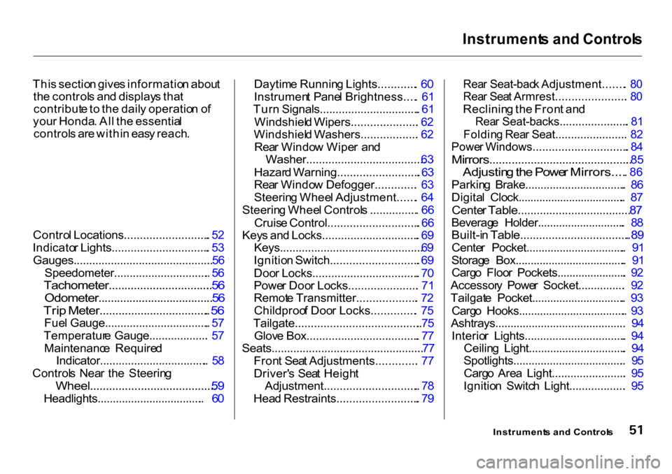 HONDA CR-V 2001 RD1-RD3 / 1.G User Guide Instrument
s an d Control s

Thi s sectio n give s informatio n abou t
th e control s an d display s tha t
contribut e to  th e dail y operatio n o f
you r Honda . Al l th e essentia l
control s ar e 