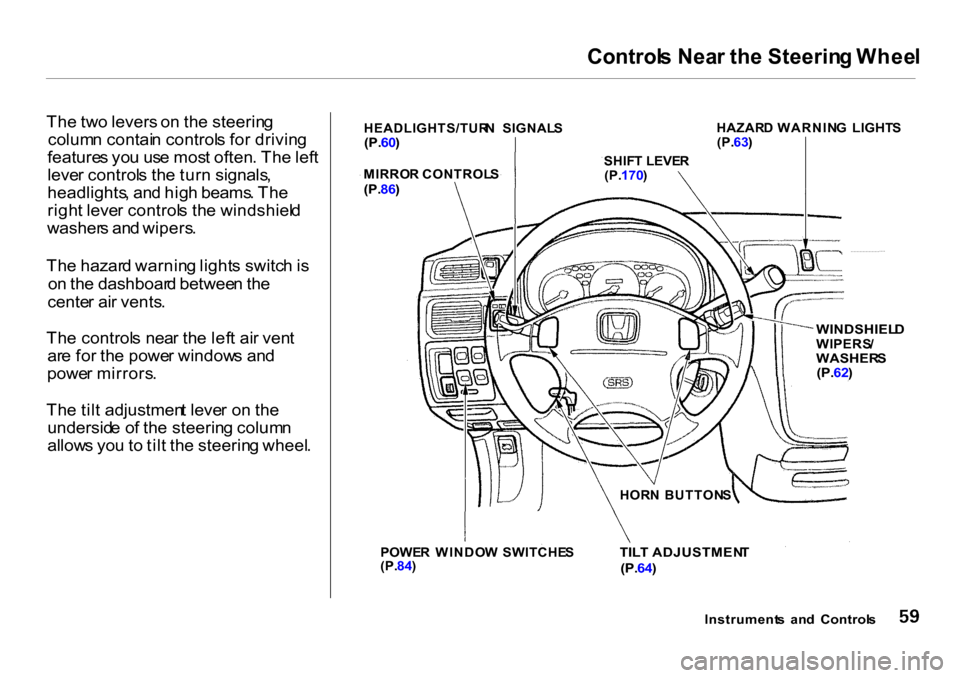 HONDA CR-V 2001 RD1-RD3 / 1.G Owners Manual Control
s Nea r th e Steerin g Whee l
Th e tw o levers on th e steerin g
colum n contai n control s fo r drivin g
feature s yo u us e mos t often . Th e lef t
leve r control s th e tur n signals ,
h HONDA CR-V 2001 RD1-RD3 / 1.G Owners Manual Control
s Nea r th e Steerin g Whee l
Th e tw o levers on th e steerin g
colum n contai n control s fo r drivin g
feature s yo u us e mos t often . Th e lef t
leve r control s th e tur n signals ,
h