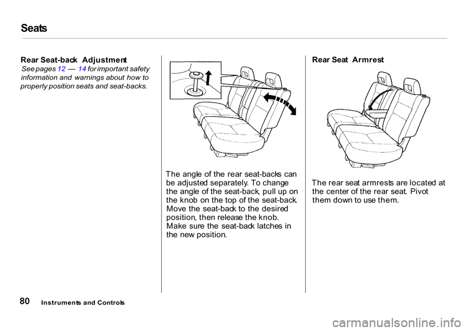 HONDA CR-V 2001 RD1-RD3 / 1.G Owners Manual Seat
s

Rea r Seat-bac k Adjustmen t

See  pages  12   —  14  for  important   safety

information   and  warnings   about  how  to

properly  position seats and seat-backs.

The  angl e  o f th e  