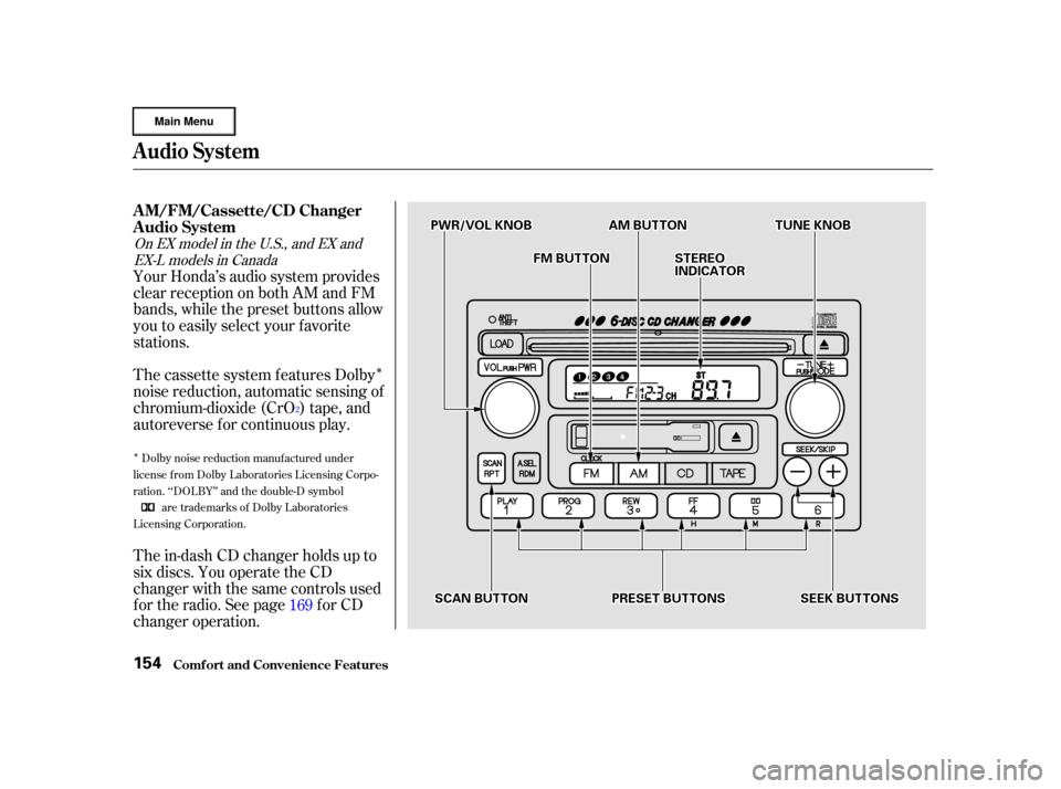 HONDA CR-V 2002 RD4-RD7 / 2.G Owners Manual Î
Î
Dolby noise reduction manuf actured under
license from Dolby Laboratories Licensing Corpo-
ration. ‘‘DOLBY’’ and the double-D symbol are trademarks of Dolby Laboratories
Licensing Corp