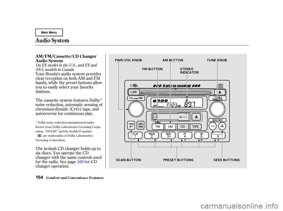 HONDA CR-V 2002 RD4-RD7 / 2.G Owners Guide Î
Î
Dolby noise reduction manuf actured under
license from Dolby Laboratories Licensing Corpo-
ration. ‘‘DOLBY’’ and the double-D symbol are trademarks of Dolby Laboratories
Licensing Corp