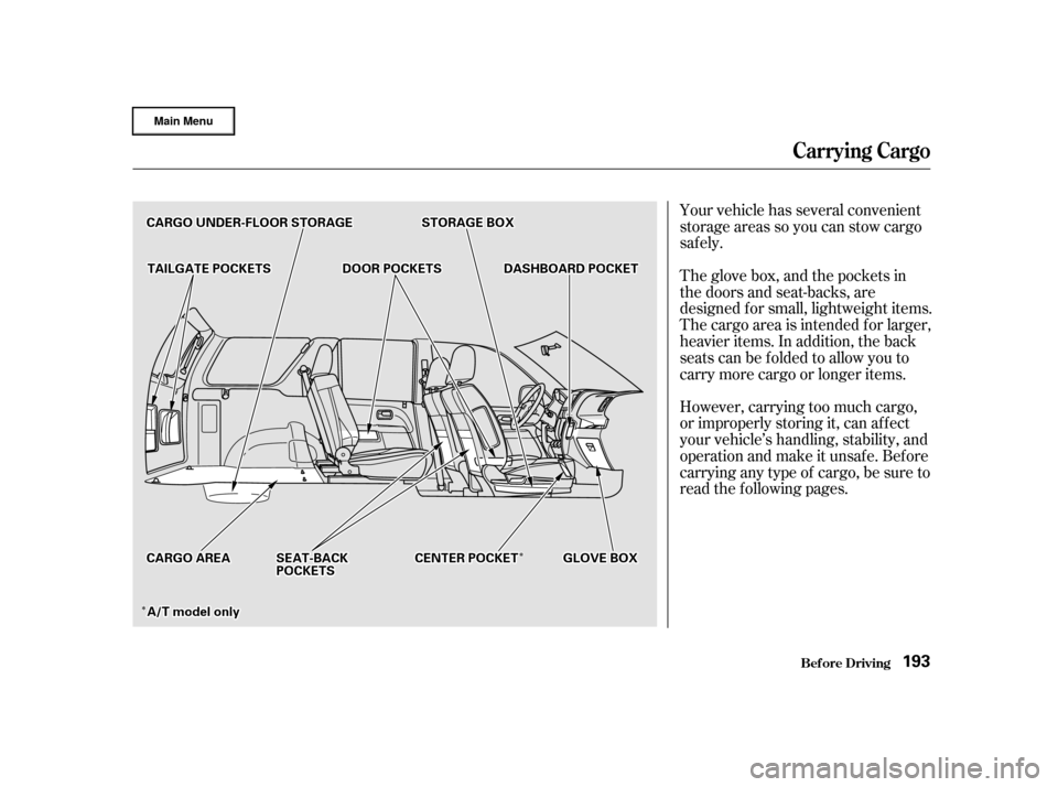 HONDA CR-V 2002 RD4-RD7 / 2.G Owners Manual Î
Î
Î
Î
Your vehicle has several convenient
storage areas so you can stow cargo
saf ely.
However, carrying too much cargo,
or improperly storing it, can af f ect
your vehicle’s handling, sta