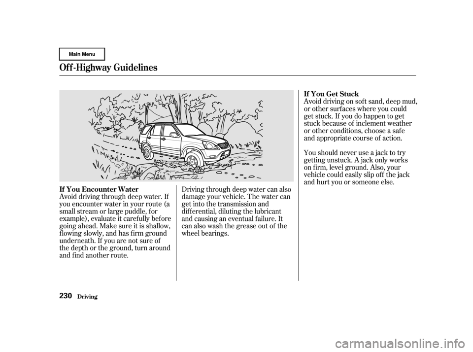 HONDA CR-V 2002 RD4-RD7 / 2.G Owners Manual Avoid driving through deep water. If
you encounter water in your route (a
small stream or large puddle, f or
example), evaluate it carefully before
going ahead. Make sure it is shallow,
f lowing slowl