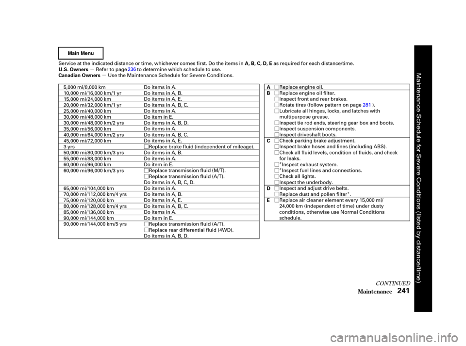 HONDA CR-V 2002 RD4-RD7 / 2.G Owners Manual µµ
Ø
Ø
Ø
Ø
Ø Ø
Ø
Ø
Ø
Ø
Ø
Ø
Ø
Ø
Ø
Ø
Ø
Ø
Ø
Ø
Ø
Ø
Ø
Ì
Ì
Î
CONT INUED
Maint enance241
U.S. Owners
Canadian Owners A, B, C, D, E
A
B
C
D
E
Refer to p