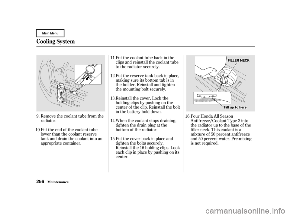 HONDA CR-V 2002 RD4-RD7 / 2.G Owners Manual Remove the coolant tube f rom the
radiator.
Put the end of the coolant tube
lower than the coolant reserve
tank and drain the coolant into an
appropriate container.Put the reserve tank back in place,
