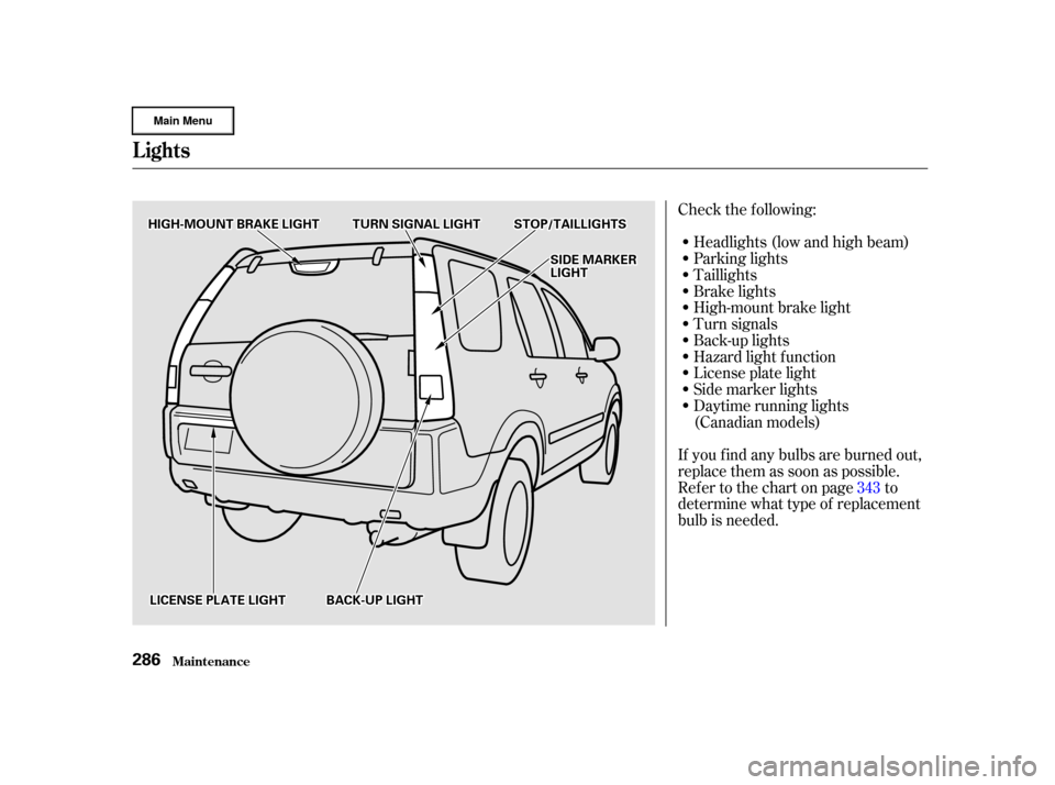 HONDA CR-V 2002 RD4-RD7 / 2.G Owners Manual Check the f ollowing:Headlights (low and high beam)
Parking lights
Taillights
Brake lights
High-mount brake light
Turn signals
Back-up lights
Hazard light f unction
License plate light
Side marker lig