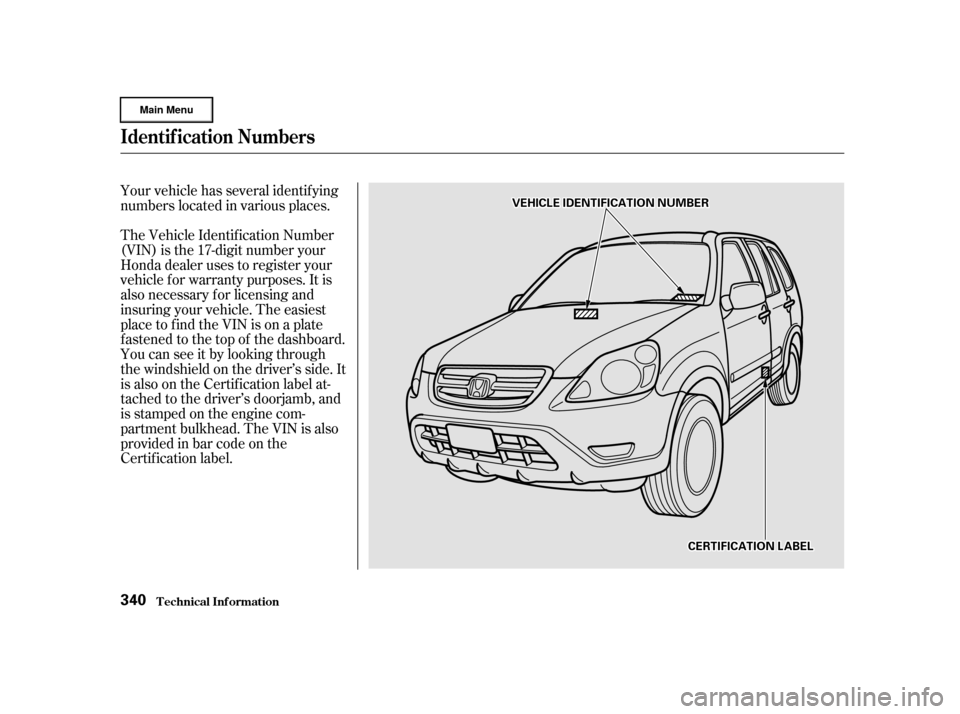 HONDA CR-V 2002 RD4-RD7 / 2.G Owners Manual Your vehicle has several identif ying
numbers located in various places.
The Vehicle Identif ication Number
(VIN) is the 17-digit number your
Honda dealer uses to register your
vehicle f or warranty p
