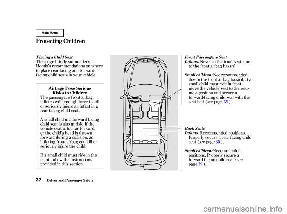 HONDA CR-V 2002 RD4-RD7 / 2.G Owners Guide If a small child must ride in the
f ront, f ollow the instructions
provided in this section.
This page brief ly summarizes
Honda’s recommendations on where
to place rear-facing and forward-
f acing HONDA CR-V 2002 RD4-RD7 / 2.G Owners Guide If a small child must ride in the
f ront, f ollow the instructions
provided in this section.
This page brief ly summarizes
Honda’s recommendations on where
to place rear-facing and forward-
f acing