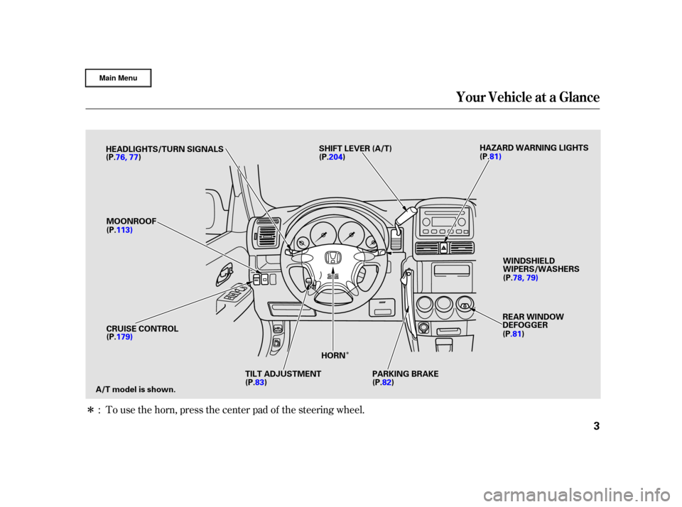 HONDA CR-V 2002 RD4-RD7 / 2.G Owners Manual Î
Î
Î
To use the horn, press the center pad of the steering wheel.
:
Your Vehicle at a Glance
3
(
( P
P .
.220044 )
)
S
SH
H I
IFFT T L
LEE V
V E
ER
R (
(A
A /
/T
T )
)
(
(P
P .
.8811))
T
T I
IL