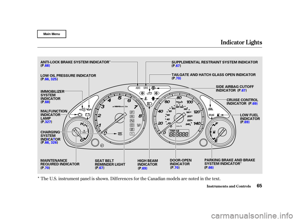 HONDA CR-V 2002 RD4-RD7 / 2.G Repair Manual Î
Î
Î
Î
Î
The U.S. instrument panel is shown. Dif f erences f or the Canadian models are noted in the text.
Indicator L ights
Inst rument s and Cont rols65
C
CR
RUUI ISSE E C
COON NTTR
RO OL