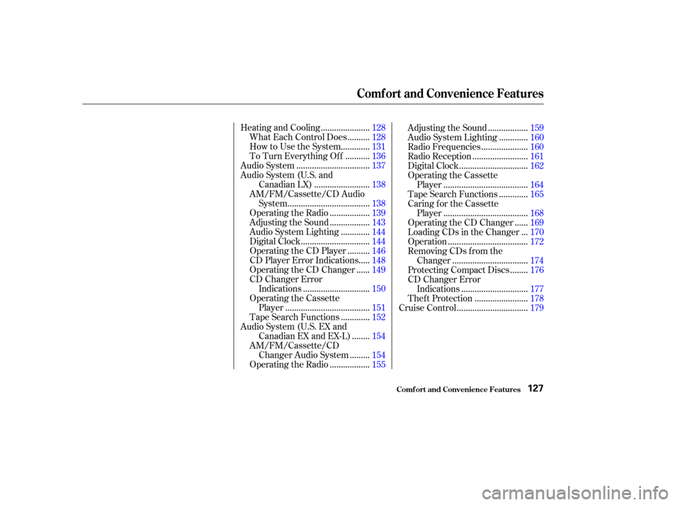 HONDA CR-V 2003 RD4-RD7 / 2.G Owners Manual .....................
Heating and Cooling .128
.........
What Each Control Does . 128
............
How to Use the System . 131
..........
To Turn Everything Of f . 136
................................