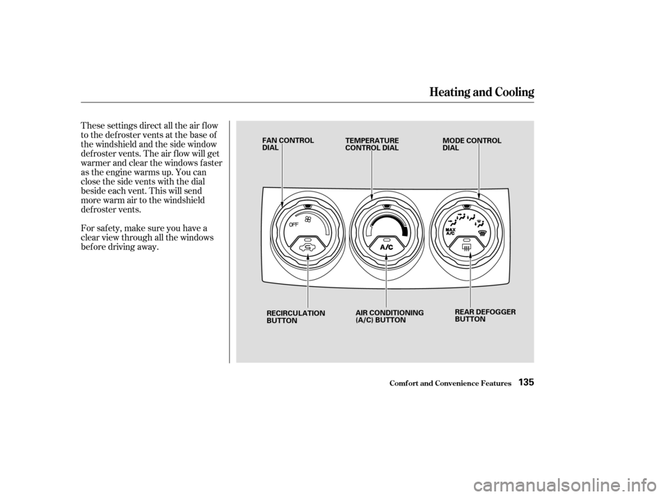 HONDA CR-V 2003 RD4-RD7 / 2.G User Guide These settings direct all the air f low
to the defroster vents at the base of
the windshield and the side window
def roster vents. The air f low will get
warmer and clear the windows faster
as the eng