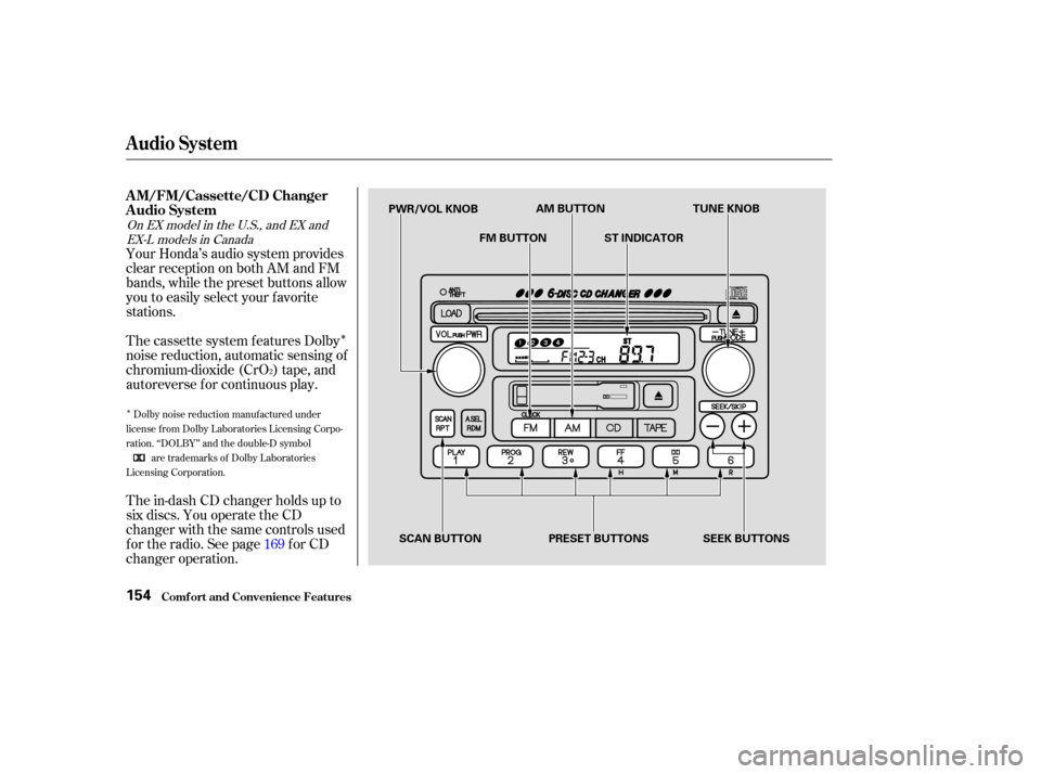 HONDA CR-V 2003 RD4-RD7 / 2.G Owners Manual Î
Î
Dolby noise reduction manuf actured under
license from Dolby Laboratories Licensing Corpo-
ration. ‘‘DOLBY’’ and the double-D symbol are trademarks of Dolby Laboratories
Licensing Corp
