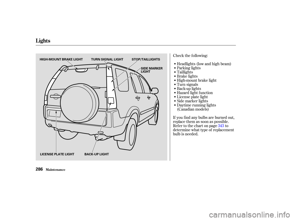 HONDA CR-V 2003 RD4-RD7 / 2.G Owners Manual Check the f ollowing:Headlights (low and high beam)
Parking lights
Taillights
Brake lights
High-mount brake light
Turn signals
Back-up lights
Hazard light f unction
License plate light
Side marker lig HONDA CR-V 2003 RD4-RD7 / 2.G Owners Manual Check the f ollowing:Headlights (low and high beam)
Parking lights
Taillights
Brake lights
High-mount brake light
Turn signals
Back-up lights
Hazard light f unction
License plate light
Side marker lig