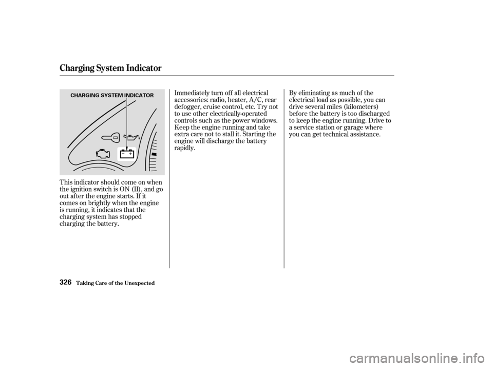 HONDA CR-V 2003 RD4-RD7 / 2.G Owners Manual This indicator should come on when
the ignition switch is ON (II), and go
out af ter the engine starts. If it
comes on brightly when the engine
is running, it indicates that the
charging system has st