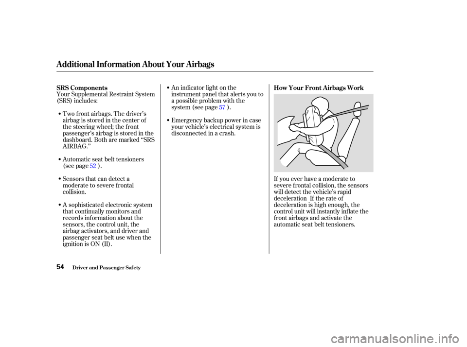 HONDA CR-V 2003 RD4-RD7 / 2.G Workshop Manual Your Supplemental Restraint System
(SRS) includes:An indicator light on the
instrument panel that alerts you to
a possible problem with the
system (see page ).
Emergency backup power in case
your vehi