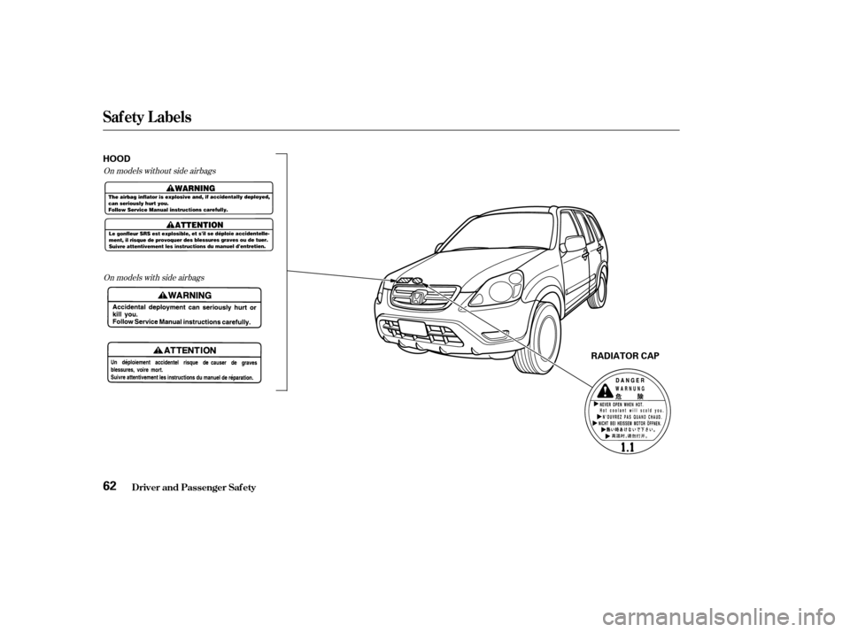 HONDA CR-V 2003 RD4-RD7 / 2.G Repair Manual On models without side airbagsOn models with side airbags
Saf ety L abels
Driver and Passenger Saf ety62
HOOD
RADIATOR CAP 