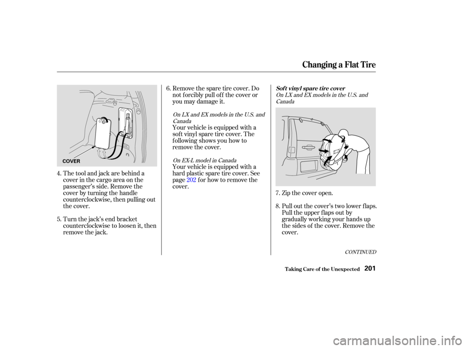 HONDA CR-V 2004 RD4-RD7 / 2.G Owners Manual The tool and jack are behind a
cover in the cargo area on the
passenger’s side. Remove the
cover by turning the handle
counterclockwise, then pulling out
the cover.
Turn the jack’s end bracket
cou