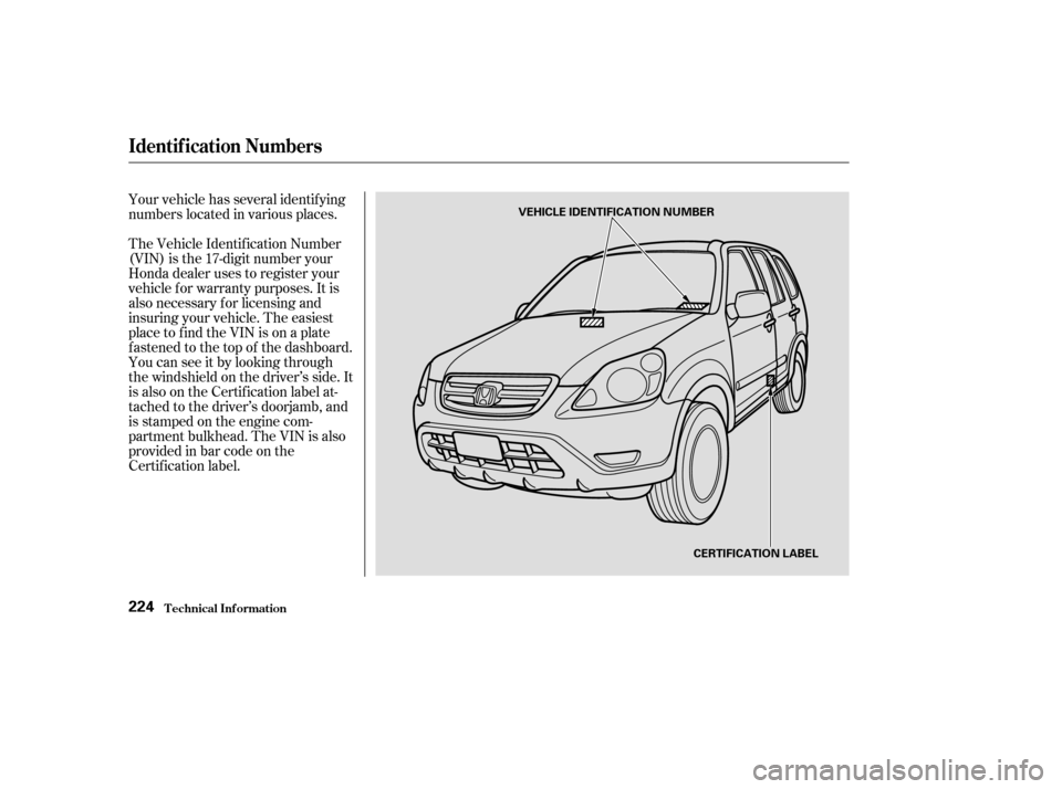 HONDA CR-V 2004 RD4-RD7 / 2.G Owners Manual Your vehicle has several identif ying
numbers located in various places.
The Vehicle Identif ication Number
(VIN) is the 17-digit number your
Honda dealer uses to register your
vehicle f or warranty p