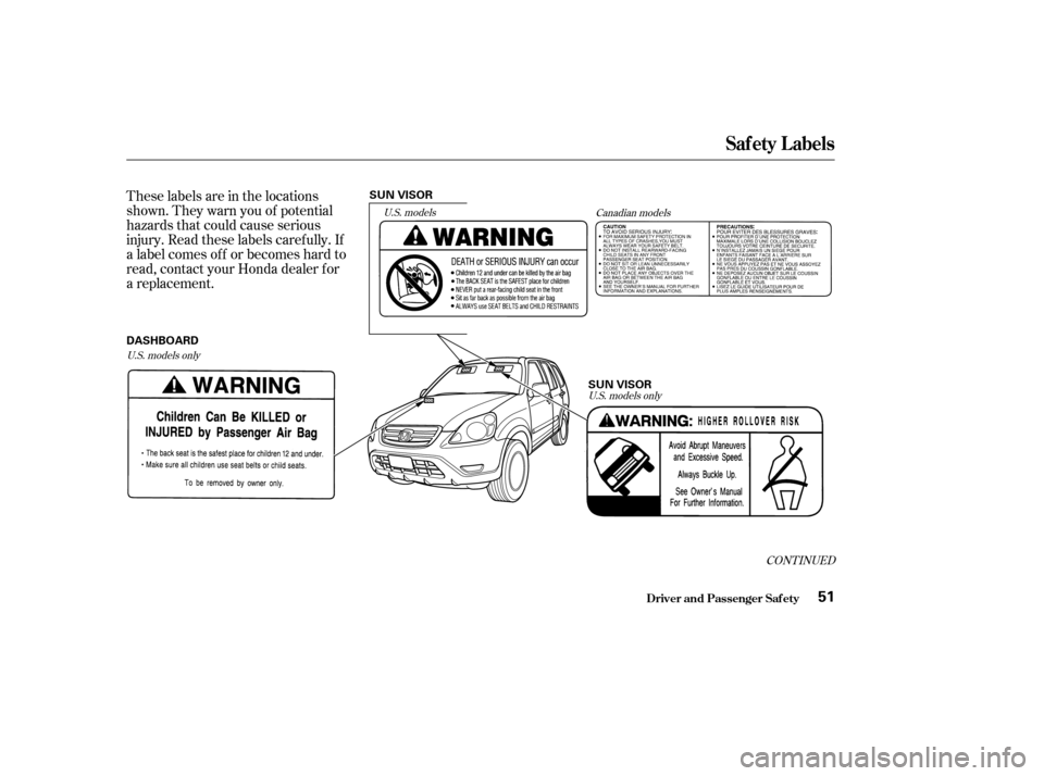HONDA CR-V 2004 RD4-RD7 / 2.G Workshop Manual These labels are in the locations
shown. They warn you of potential
hazards that could cause serious
injury. Read these labels caref ully. If
a label comes of f or becomes hard to
read, contact your H