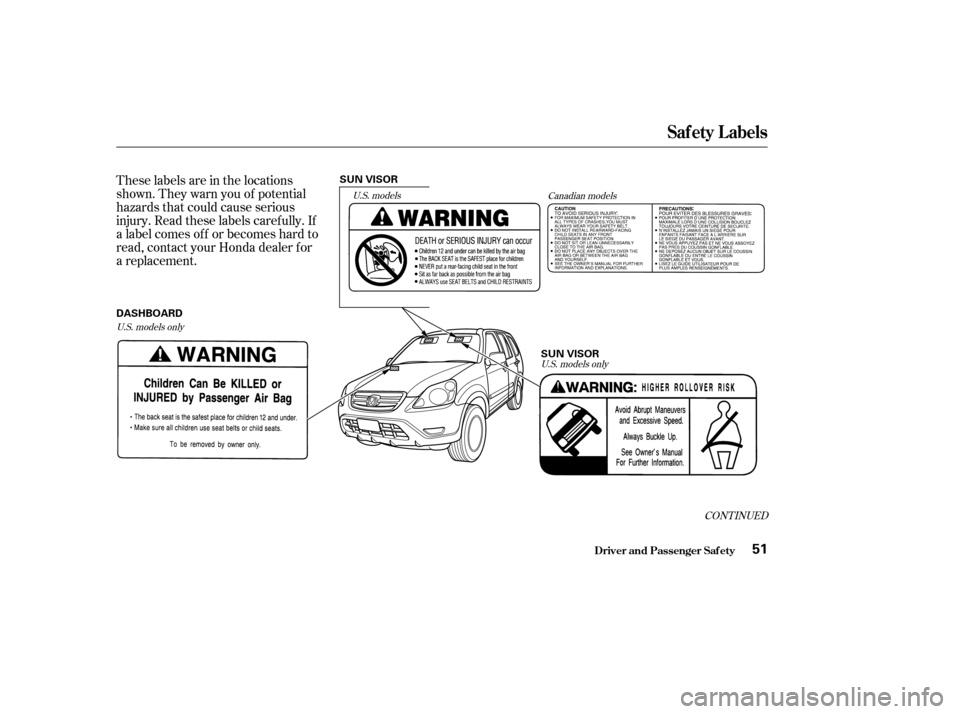 HONDA CR-V 2004 RD4-RD7 / 2.G Owners Manual These labels are in the locations
shown. They warn you of potential
hazards that could cause serious
injury. Read these labels caref ully. If
a label comes of f or becomes hard to
read, contact your H