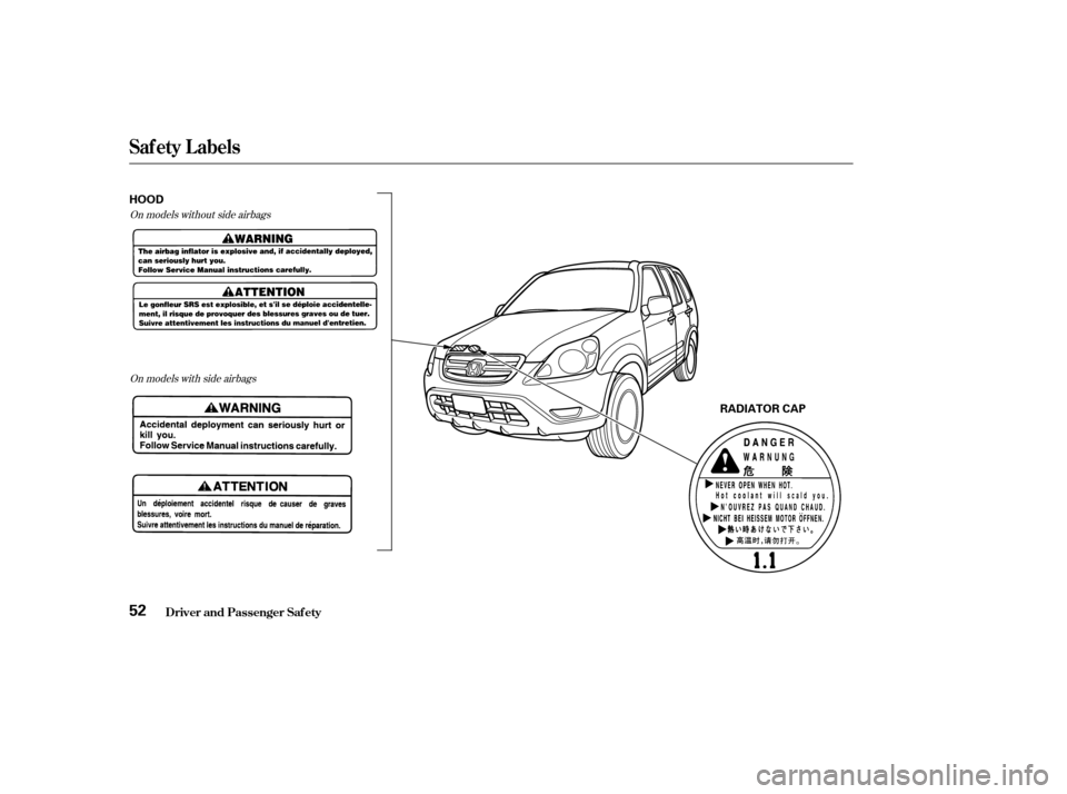 HONDA CR-V 2004 RD4-RD7 / 2.G Workshop Manual On models without side airbagsOn models with side airbags
Saf ety L abels
Driver and Passenger Saf ety52
HOOD
RADIATOR CAP 