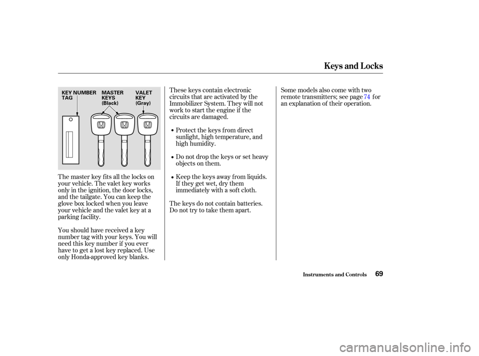 HONDA CR-V 2004 RD4-RD7 / 2.G Manual PDF The master key fits all the locks on
your vehicle. The valet key works
only in the ignition, the door locks,
and the tailgate. You can keep the
glove box locked when you leave
your vehicle and the val