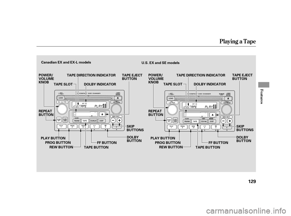 HONDA CR-V 2005 RD4-RD7 / 2.G Owners Manual Playing a T ape
Features
129
TAPE DIRECTION INDICATOR TAPE EJECT BUTTON 
DOLBY BUTTON 
REPEAT BUTTON 
SKIP BUTTONS 
Canadian EX and EX-L models U.S. EX and SE models 
POWER/ VOLUMEKNOB 
REW BUTTON 
FF