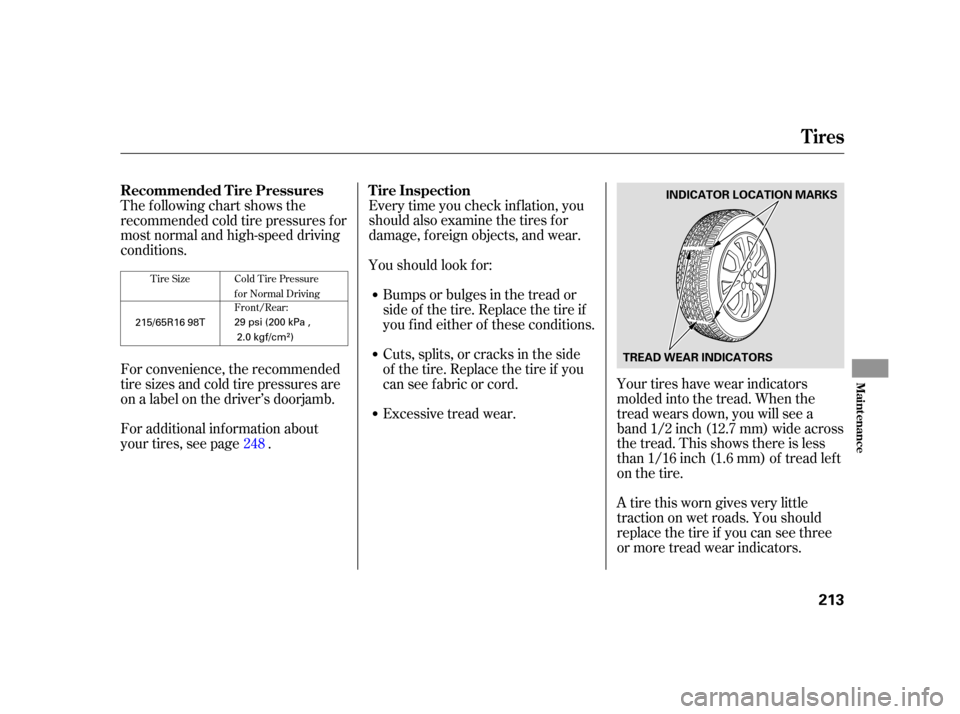 HONDA CR-V 2005 RD4-RD7 / 2.G User Guide Every time you check inf lation, you
should also examine the tires f or
damage, f oreign objects, and wear.
Youshouldlookfor:Your tires have wear indicators
molded into the tread. When the
tread wears