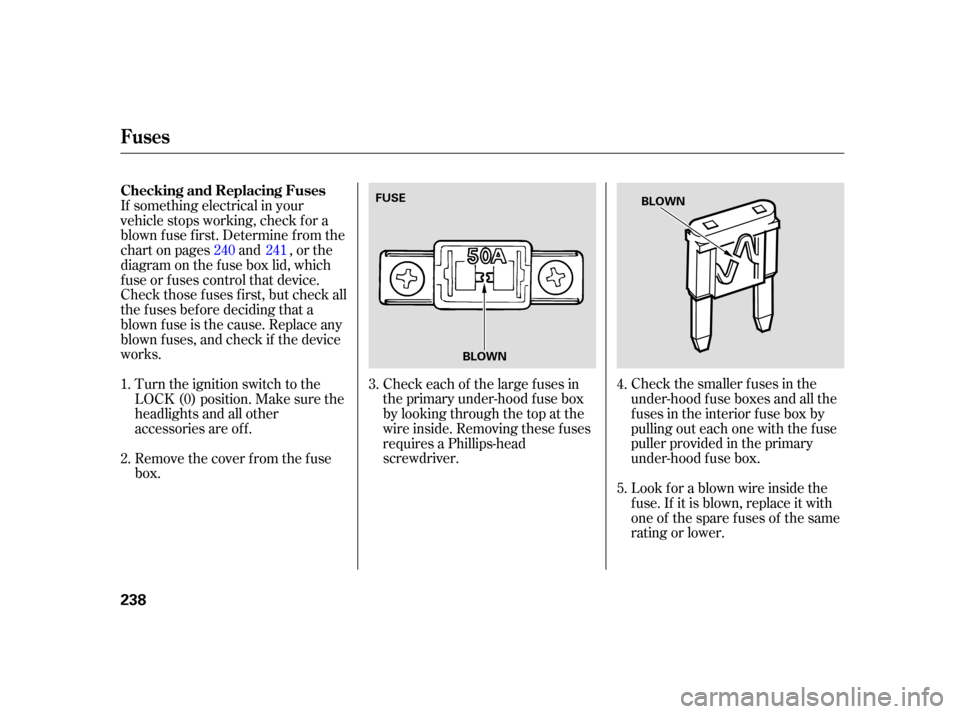 HONDA CR-V 2005 RD4-RD7 / 2.G Owners Manual Check the smaller f uses in the
under-hood f use boxes and all the
fuses in the interior fuse box by
pulling out each one with the f use
puller provided in the primary
under-hood f use box.
Check each