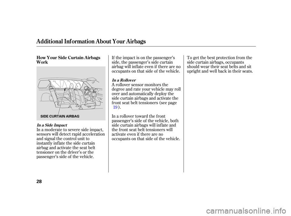 HONDA CR-V 2005 RD4-RD7 / 2.G Owners Guide If the impact is on the passenger’s
side, the passenger’s side curtain
airbag will inflate even if there are no
occupants on that side of the vehicle.To get the best protection f rom the
side curt