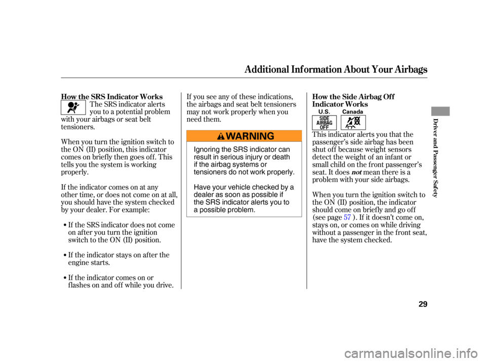 HONDA CR-V 2005 RD4-RD7 / 2.G Owners Guide The SRS indicator alerts
you to a potential problem
with your airbags or seat belt
tensioners.
When you turn the ignition switch to
the ON (II) position, this indicator
comes on brief ly then goes of 