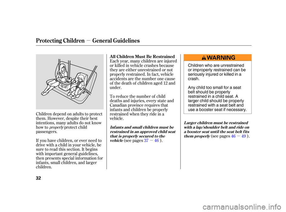 HONDA CR-V 2005 RD4-RD7 / 2.G Owners Guide µ
µµ
Children depend on adults to protect
them. However, despite their best
intentions, many adults do not know
how to protect child
passengers.
If you have children, or ever need to
drive with 