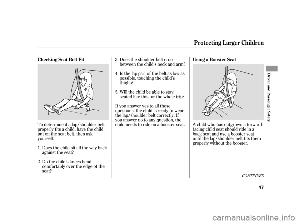 HONDA CR-V 2005 RD4-RD7 / 2.G Service Manual To determine if a lap/shoulder belt
properly f its a child, have the child
put on the seat belt, then ask
yourself :
Does the child sit all the way back
against the seat?
Do the child’s knees be HONDA CR-V 2005 RD4-RD7 / 2.G Service Manual To determine if a lap/shoulder belt
properly f its a child, have the child
put on the seat belt, then ask
yourself :
Does the child sit all the way back
against the seat?
Do the child’s knees be