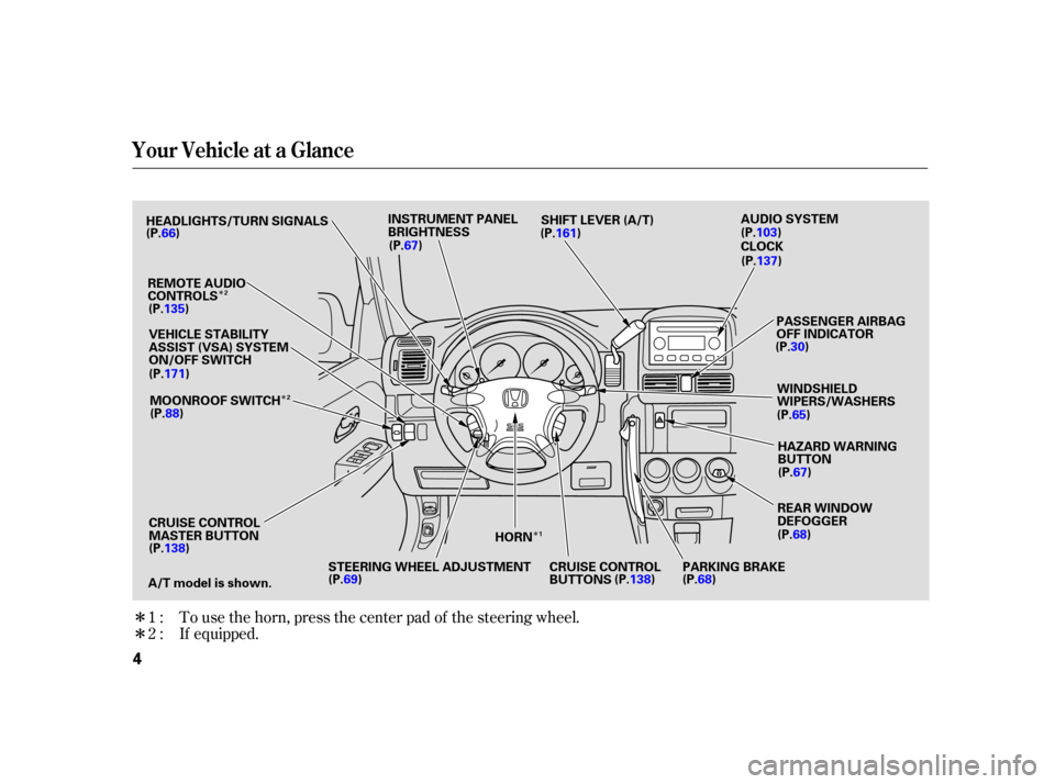 HONDA CR-V 2005 RD4-RD7 / 2.G Owners Manual Î
Î
Î
Î
Î
To use the horn, press the center pad of the steering wheel.
If equipped.
1:
2:
Your Vehicle at a Glance
4
HEADLIGHTS/TURN SIGNALS
REAR WINDOW
DEFOGGER
WINDSHIELD
WIPERS/WASHERS
AU
