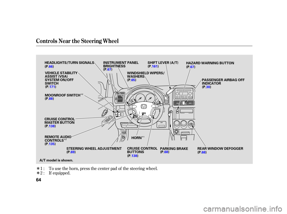 HONDA CR-V 2005 RD4-RD7 / 2.G Owners Manual Î
Î
Î
Î Î
To use the horn, press the center pad of the steering wheel.
If equipped.
1:
2:
Controls Near the Steering Wheel
64
CRUISE CONTROL
MASTER BUTTON
(P.138)HEADLIGHTS/TURN SIGNALS
SHIF