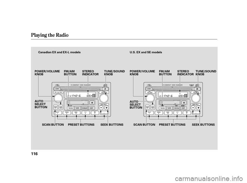 HONDA CR-V 2006 RD4-RD7 / 2.G Owners Manual Playing the Radio
116
Canadian EX and EX-L modelsU.S. EX and SE models
SEEK BUTTONS
POWER/VOLUME
KNOB
FM/AM
BUTTONSTEREO
INDICATOR TUNE/SOUND
KNOB
AUTO
SELECT
BUTTON POWER/VOLUME
KNOB
FM/AM
BUTTONSTER