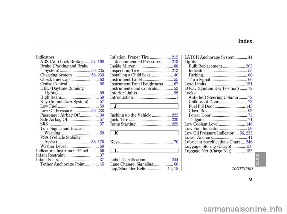 HONDA CR-V 2006 RD4-RD7 / 2.G Owners Manual CONT INUED
Indicators......
ABS (Anti-Lock Brake) . 57,168
Brake (Parking and Brake ............................
System) .56, 235
................
Charging System . 56,233
...........................
