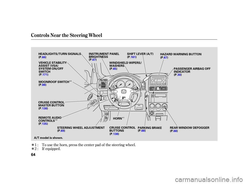 HONDA CR-V 2006 RD4-RD7 / 2.G Repair Manual Î
Î
Î
Î Î
To use the horn, press the center pad of the steering wheel.
If equipped.
1:
2:
Controls Near the Steering Wheel
64
CRUISE CONTROL
MASTER BUTTON
(P.138)HEADLIGHTS/TURN SIGNALS
SHIF